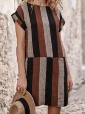 Garnet Hill Striped Short-Sleeve Shift Dress 100% Linen